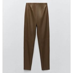 NWT Zara Womens High Waist Faux‎ Leather Leggings Small Ankle Length Brown